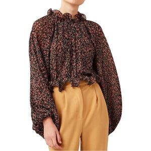 C/MEO Collective Floral Printed Ruffle Pleated Georgette‎ Balloon Sleeve Blouse